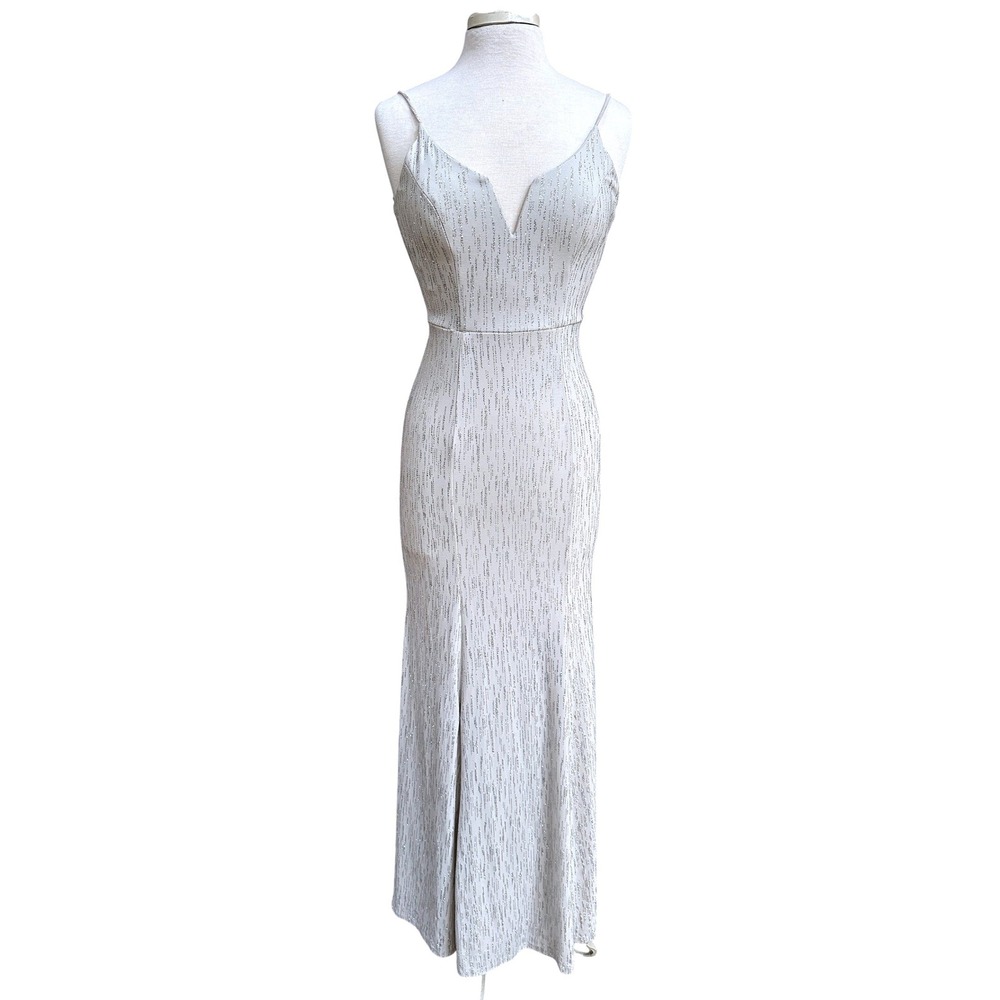 City Triangles Formal Gown Womens 5 Silver Glitter V-Neck Open Back Prom Dress